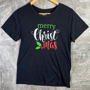 Black Christmas t-shirt with green‎ lettering Woman's Medium #holidayvibes